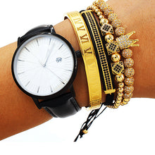 Load image into Gallery viewer, Luxury 4Pcs/Set Gold Crown Men Bracelet Jewelry Set Stainless Steel Numbers Engraved Bangle CZ Crown Braided Macrame Bracelet