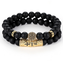 Load image into Gallery viewer, Classic Black Beads 2pc/Set Natural Glass Stone Bracelet Men Pave CZ 8mm Disco Ball Charms Bracelets Women Gold Jewelry