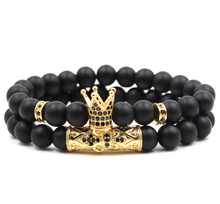 Load image into Gallery viewer, Classic Black Beads 2pc/Set Natural Glass Stone Bracelet Men Pave CZ 8mm Disco Ball Charms Bracelets Women Gold Jewelry