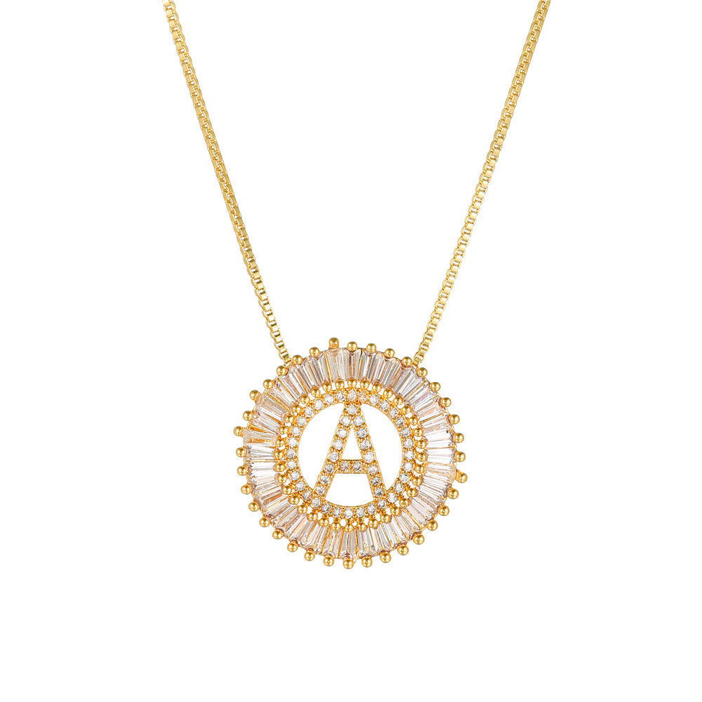 Fashion Handmade Bling 26 Alphabets Copper Zircon Gold Plated Coin Shape Hollow Letter Initial Necklace For Women